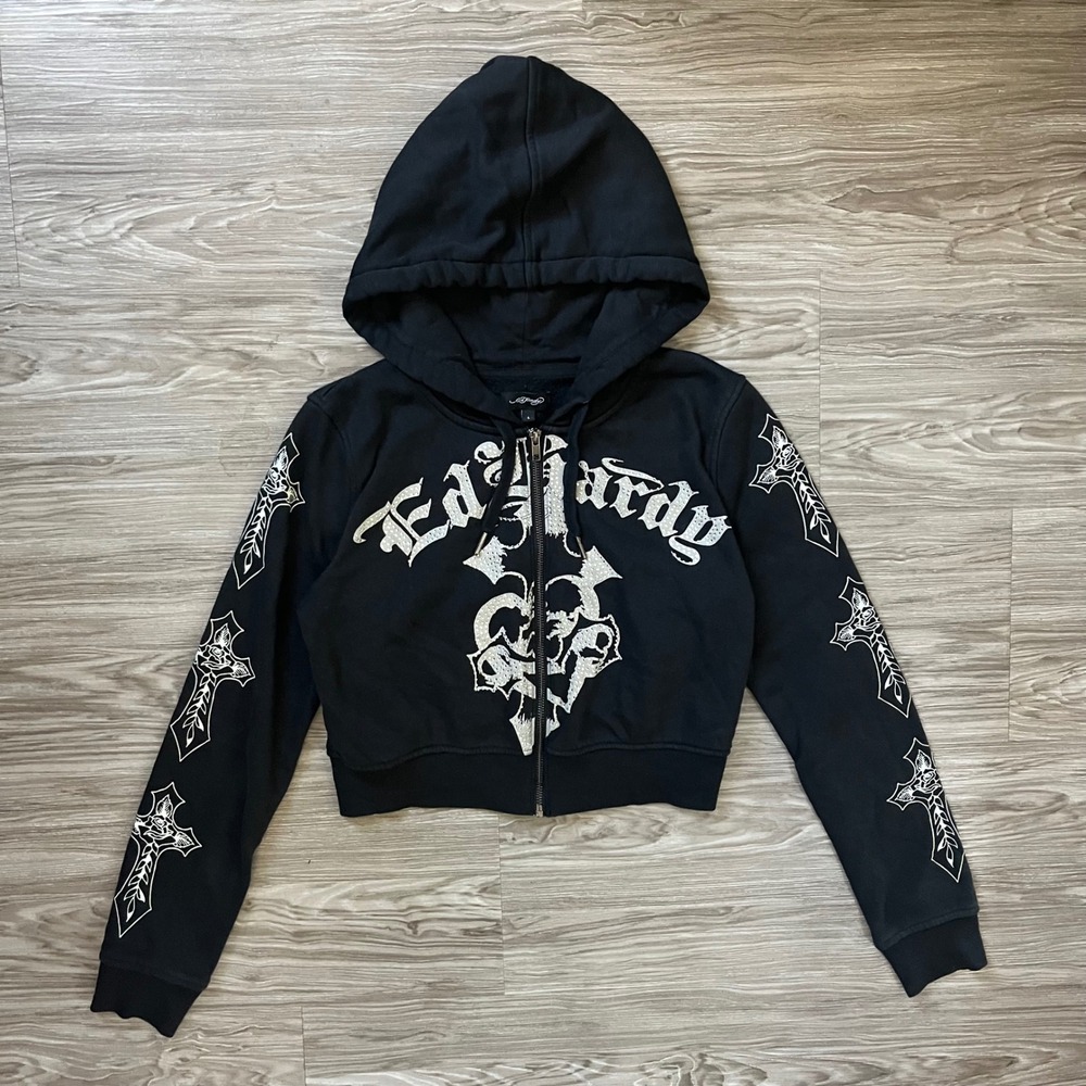 Ed Hardy Women Black Rhinestone Cropped Zip Up Hoodie Cross Graphic Y2K Large